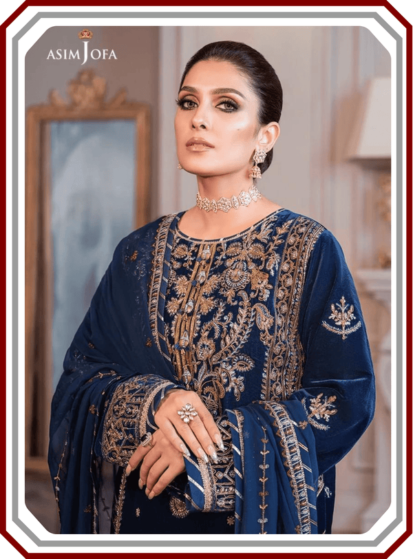 Asim Jofa Ayeza Makhmal Collection - Micro 9000 Velvet Suit with Cutwork Net Dupatta (Unstitched) - Pehna Textile