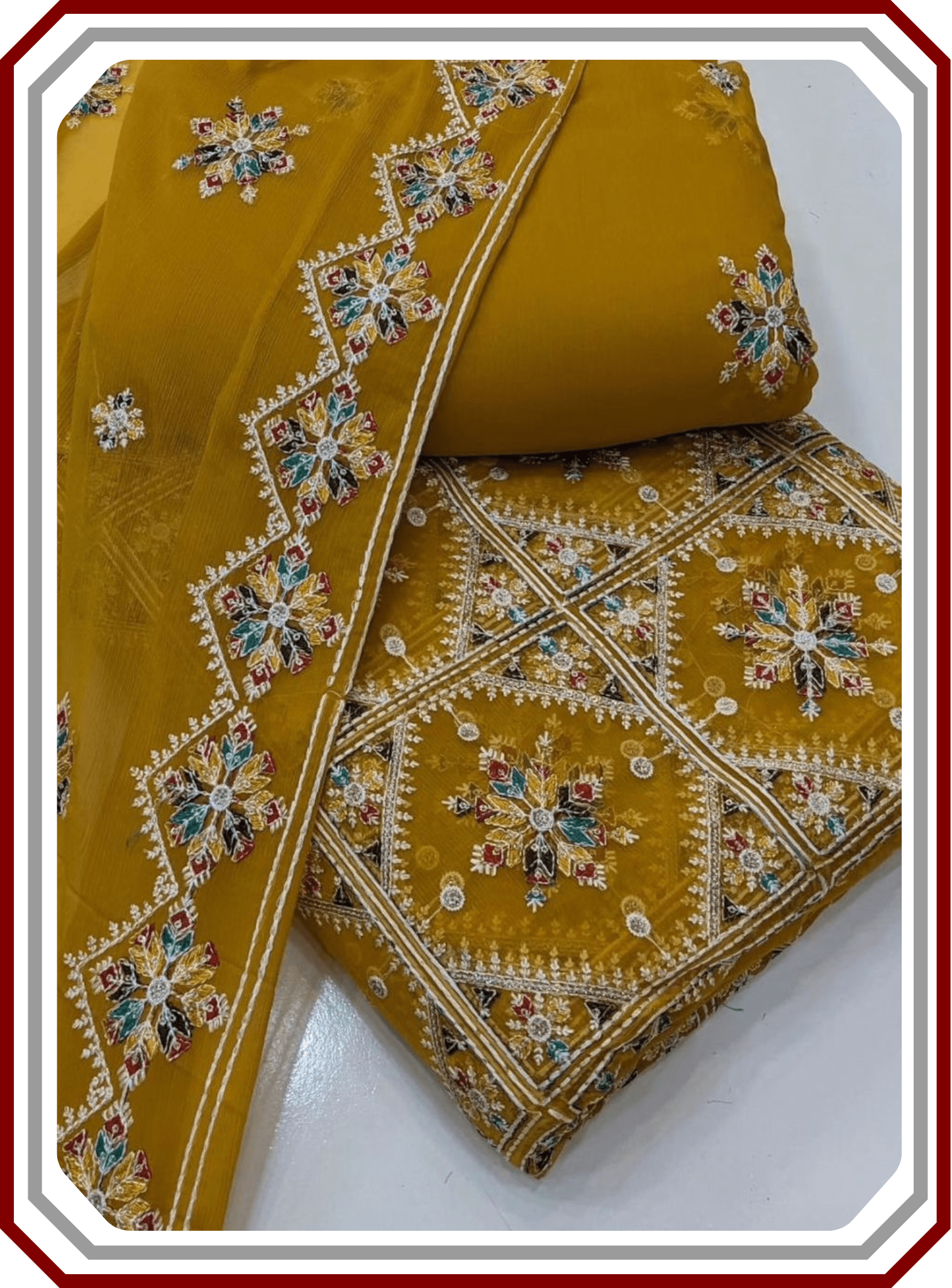 Phulkari Style 3 - Piece Unstitched Suit – Thread - Work Chiffon & Malai - Pehna Textile