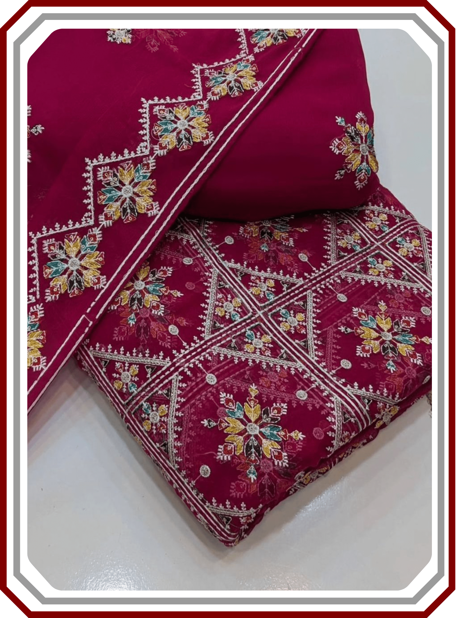 Phulkari Style 3 - Piece Unstitched Suit – Thread - Work Chiffon & Malai - Pehna Textile