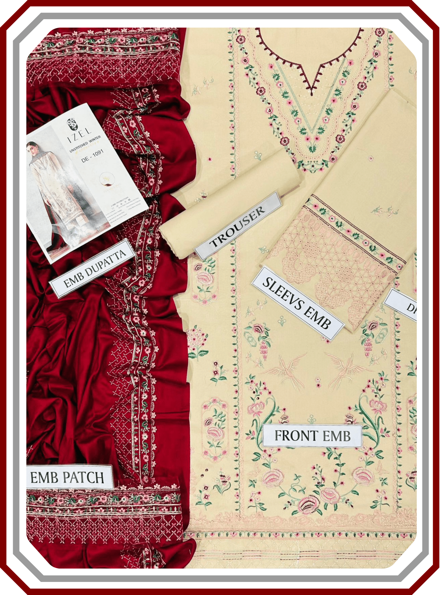 IZEL Luxury Airjet Dhanak Suit - Heavy Embroidered Shawl (Unstitched) - Pehna Textile