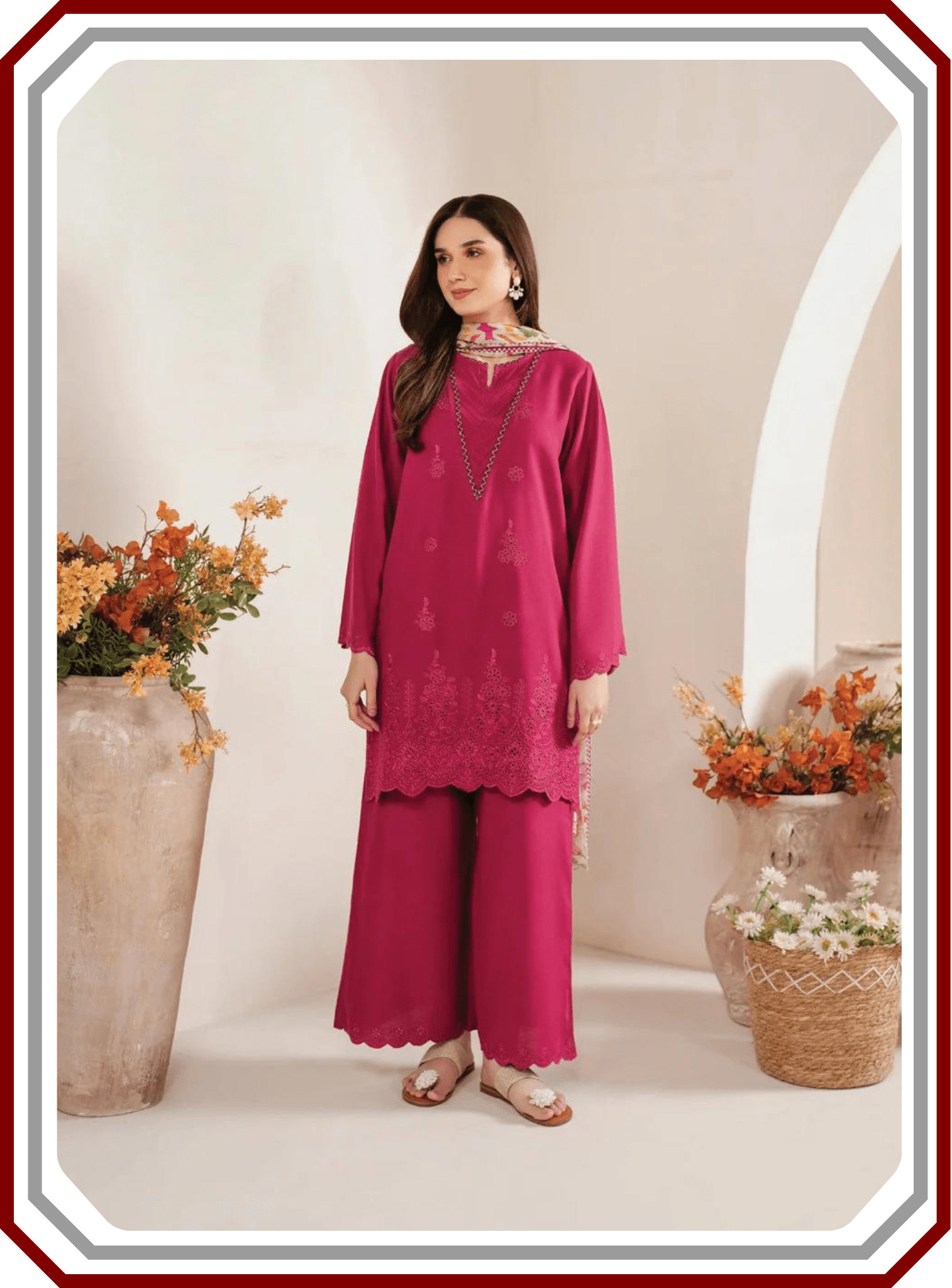 Sapphire Airjet Dhanak 3 Piece Suit - Heavy Chikan Kari Boring Embroidery with Pashmina Shawl (Unstitched) - Pehna Textile