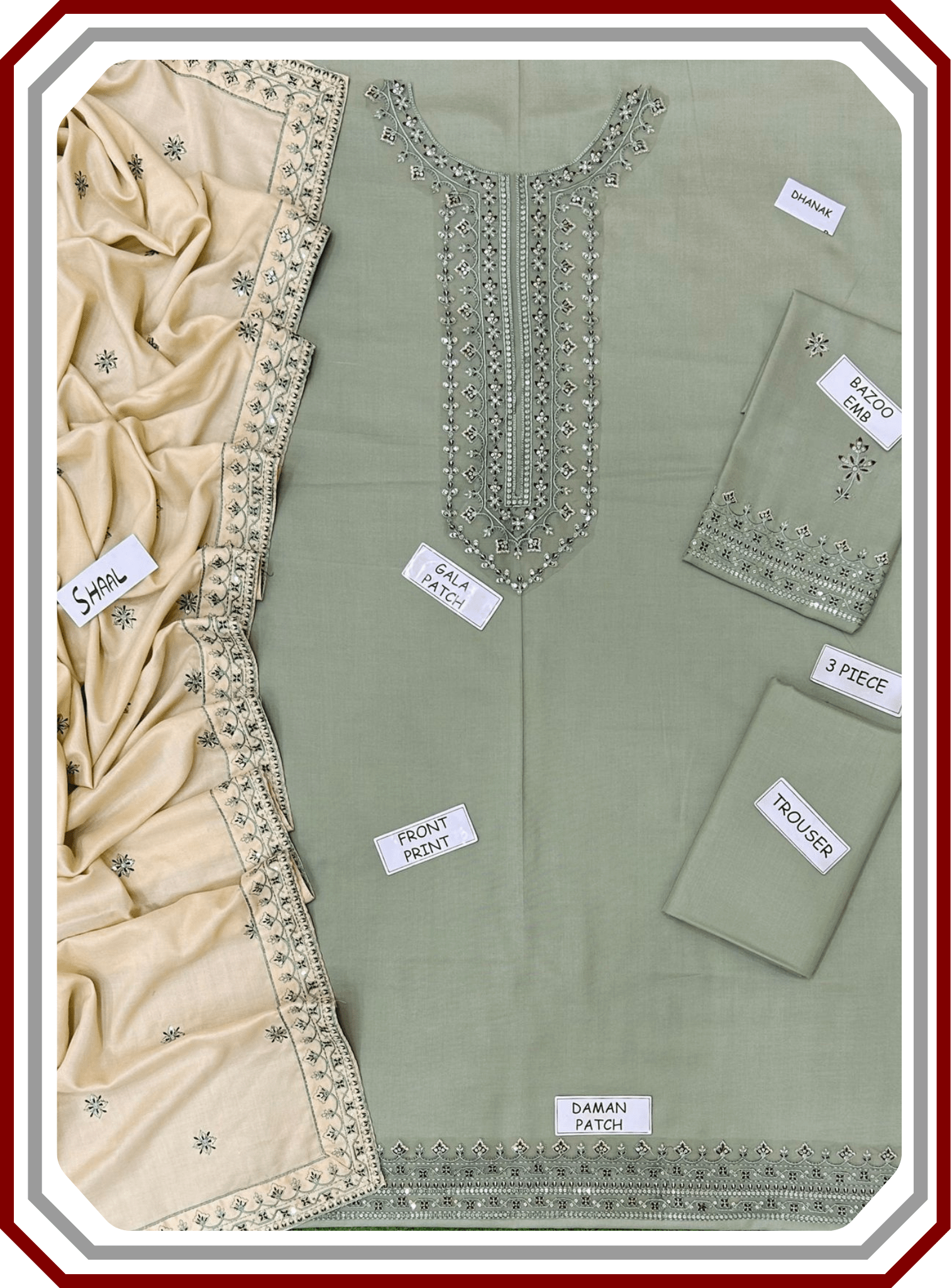 Batik Dhanak Suit - Heavy Emb Neck & RTW Shawl (Unstitched) - Pehna Textile