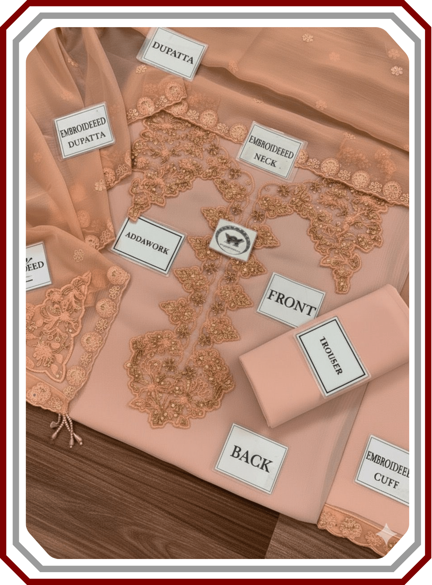 Iznik Luxury Chiffon Suit - Heavy Adda Work Neck & Pallu (Unstitched) - Pehna Textile