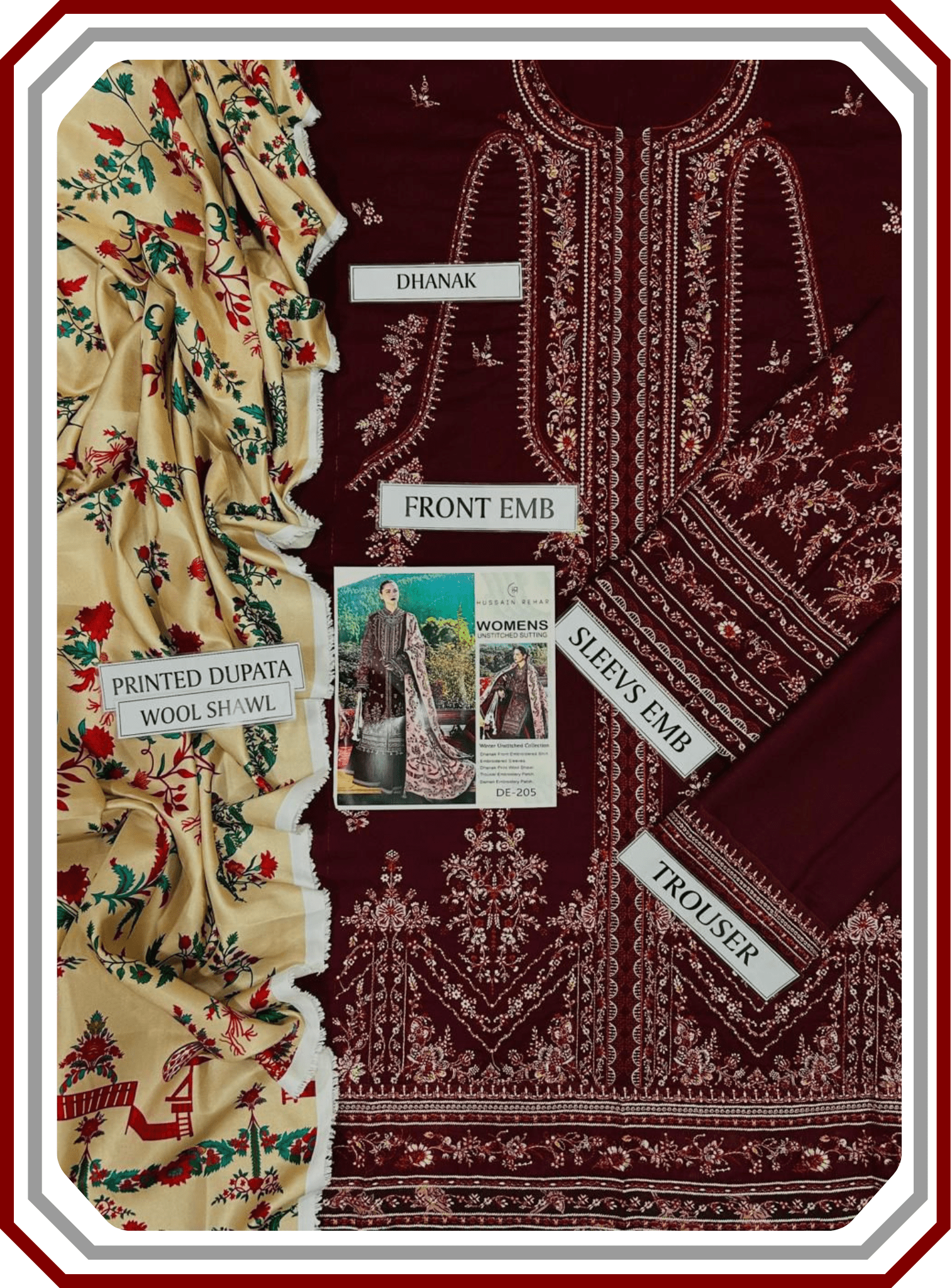 Hussain Rehar Air - Jet Dhanak Embroidered Unstitched 3 - Piece Suit – Winter Collection 2025/26 - Pehna Textile