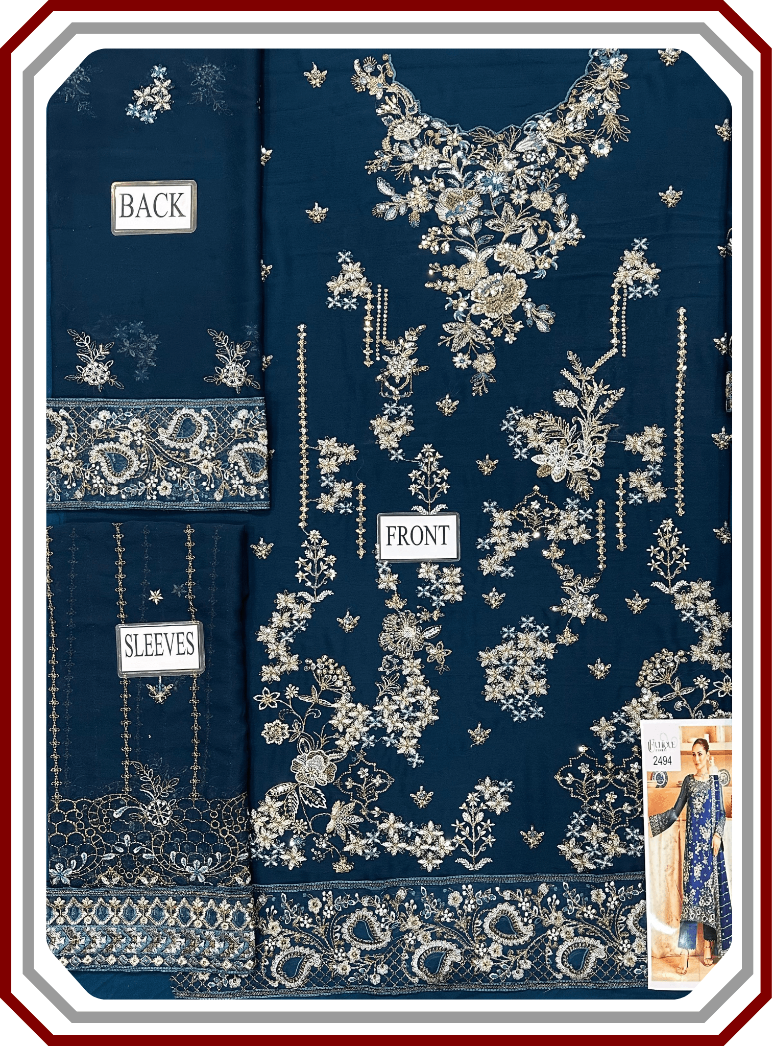 Ramsha Luxury Embroidered Chiffon Suit with Inner - Design 2494 (Unstitched) - Pehna Textile