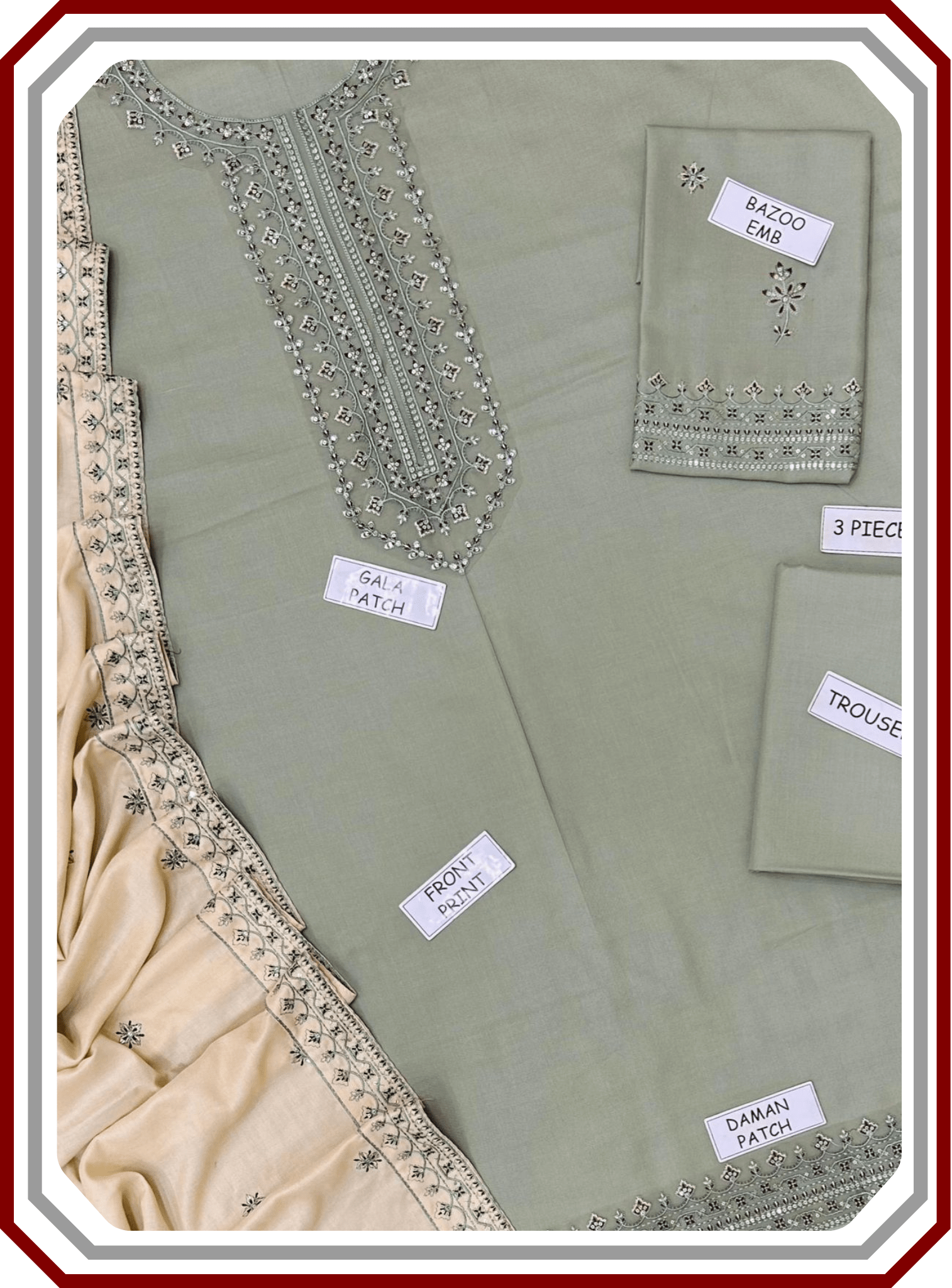 Batik Dhanak Suit - Heavy Emb Neck & RTW Shawl (Unstitched) - Pehna Textile