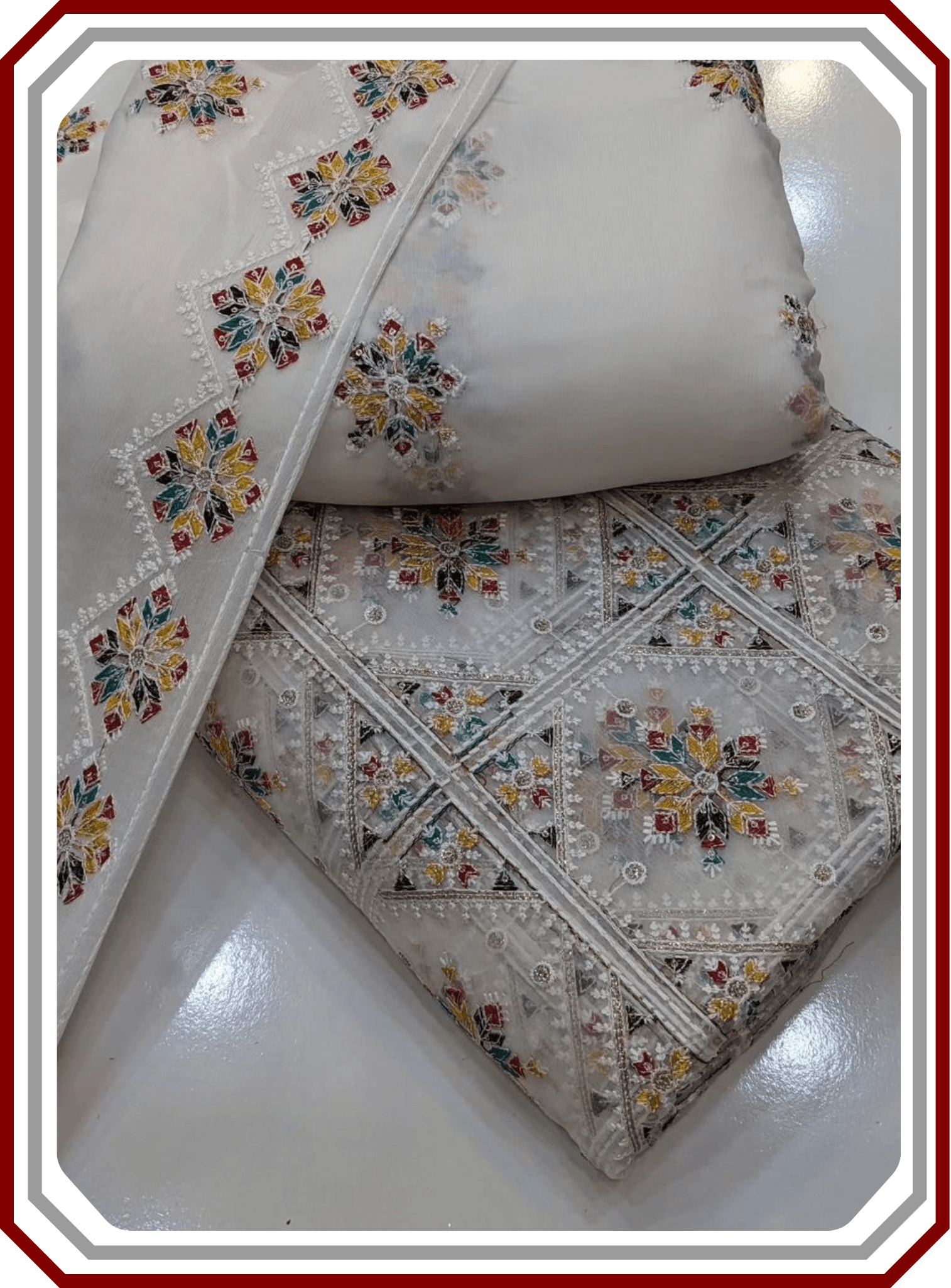 Phulkari Style 3 - Piece Unstitched Suit – Thread - Work Chiffon & Malai - Pehna Textile