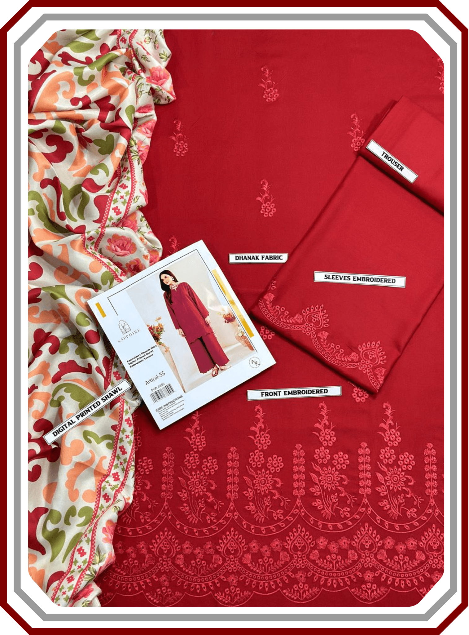 Sapphire Airjet Dhanak 3 Piece Suit - Heavy Chikan Kari Boring Embroidery with Pashmina Shawl (Unstitched) - Pehna Textile