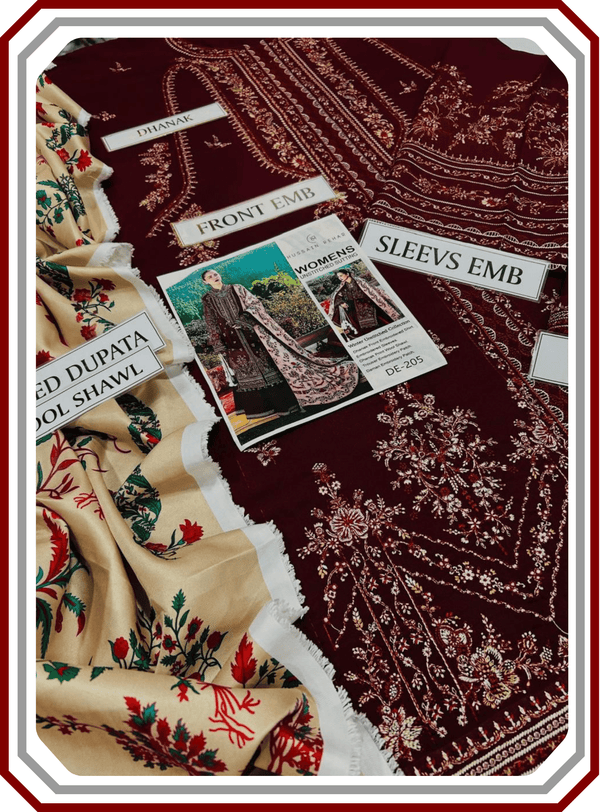 Hussain Rehar Air - Jet Dhanak Embroidered Unstitched 3 - Piece Suit – Winter Collection 2025/26 - Pehna Textile