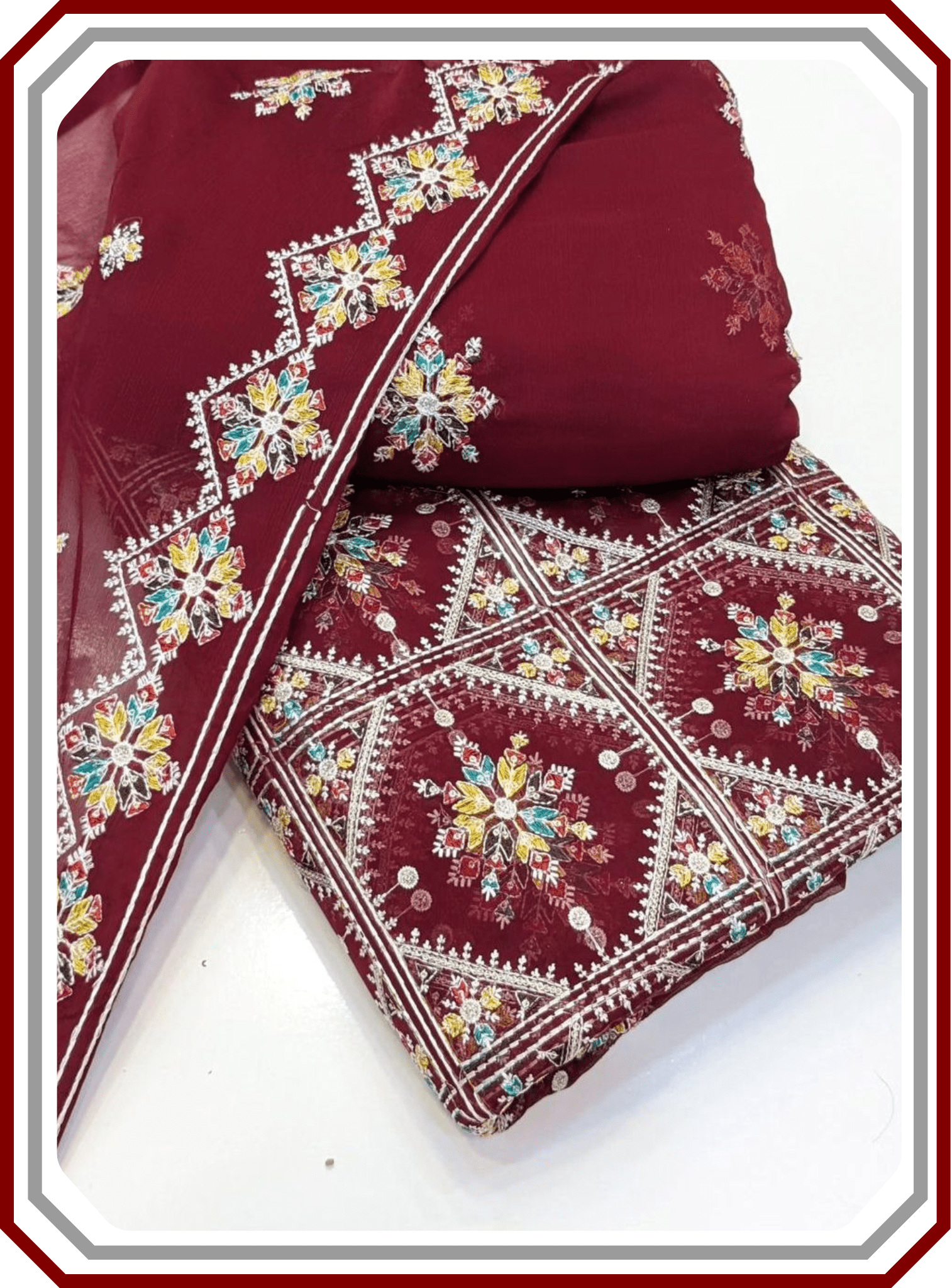 Phulkari Style 3 - Piece Unstitched Suit – Thread - Work Chiffon & Malai - Pehna Textile