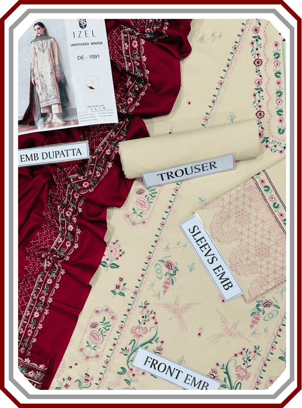 IZEL Luxury Airjet Dhanak Suit - Heavy Embroidered Shawl (Unstitched) - Pehna Textile