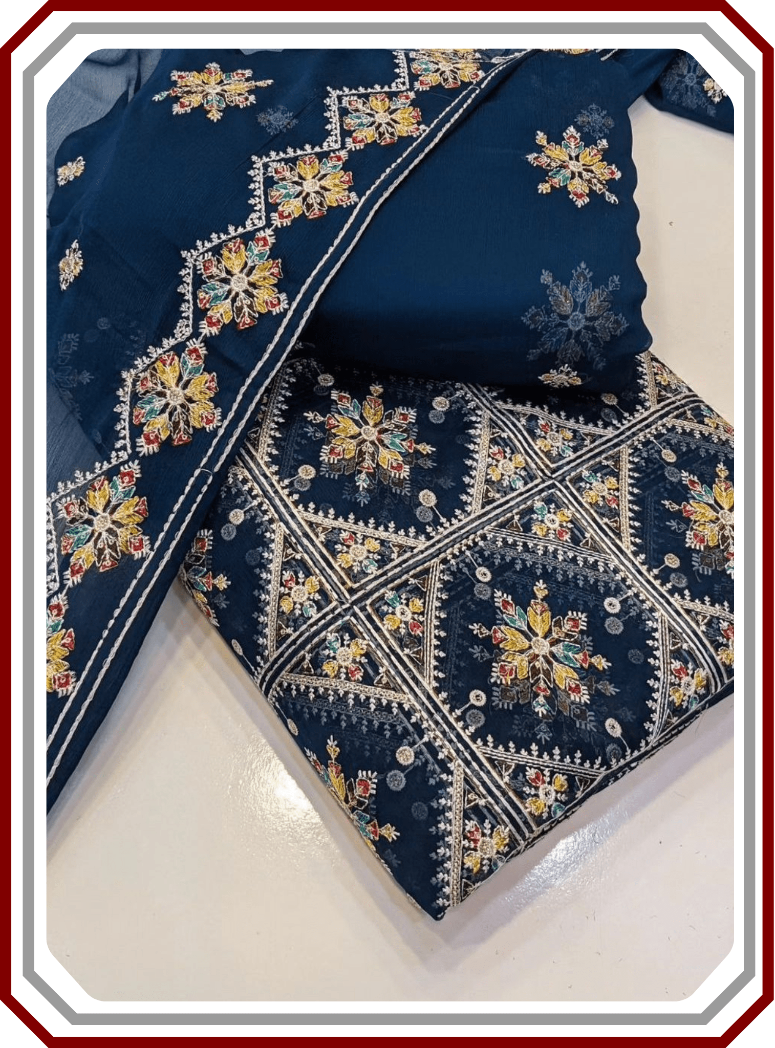 Phulkari Style 3 - Piece Unstitched Suit – Thread - Work Chiffon & Malai - Pehna Textile