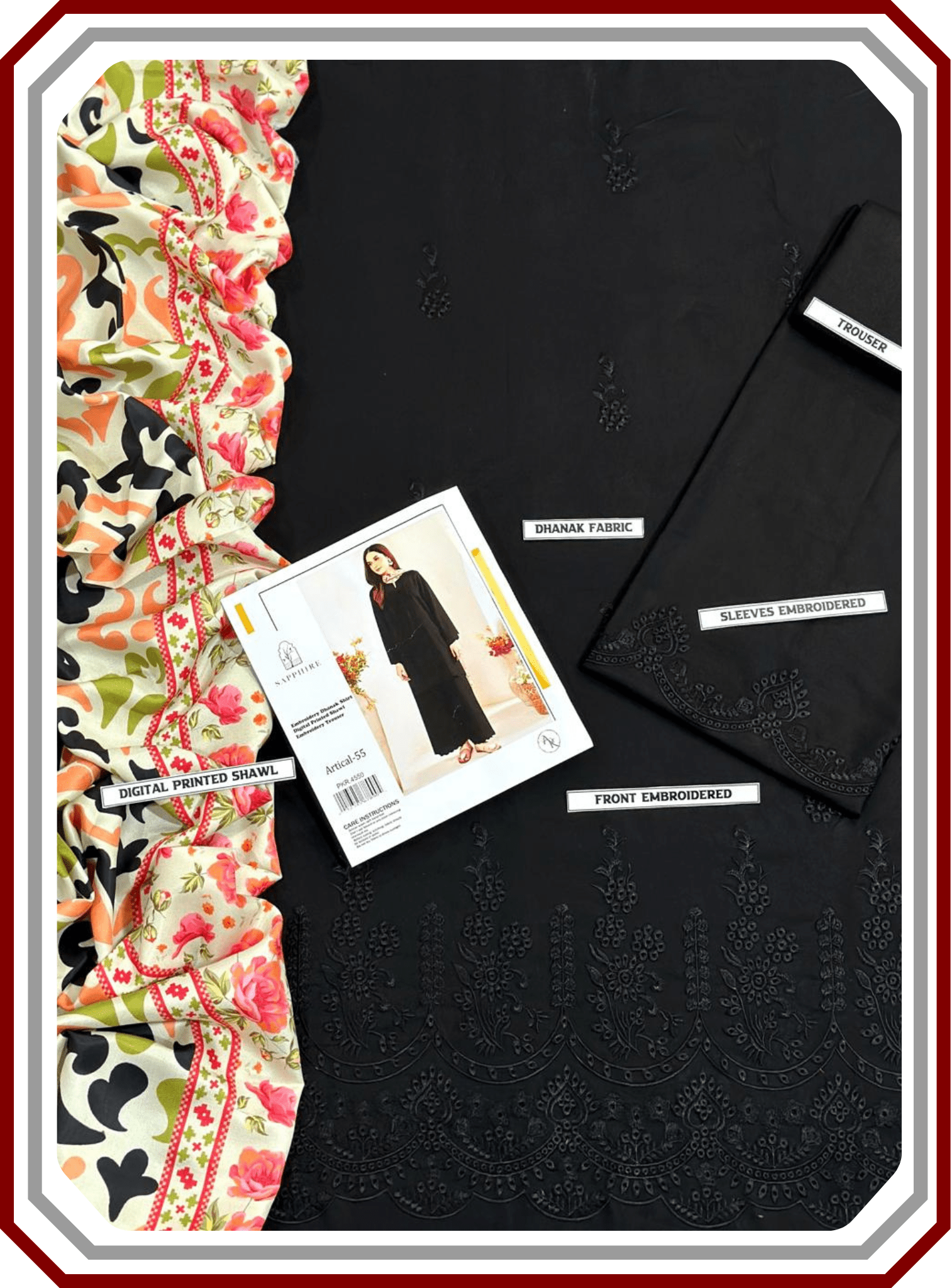 Sapphire Airjet Dhanak 3 Piece Suit - Heavy Chikan Kari Boring Embroidery with Pashmina Shawl (Unstitched) - Pehna Textile