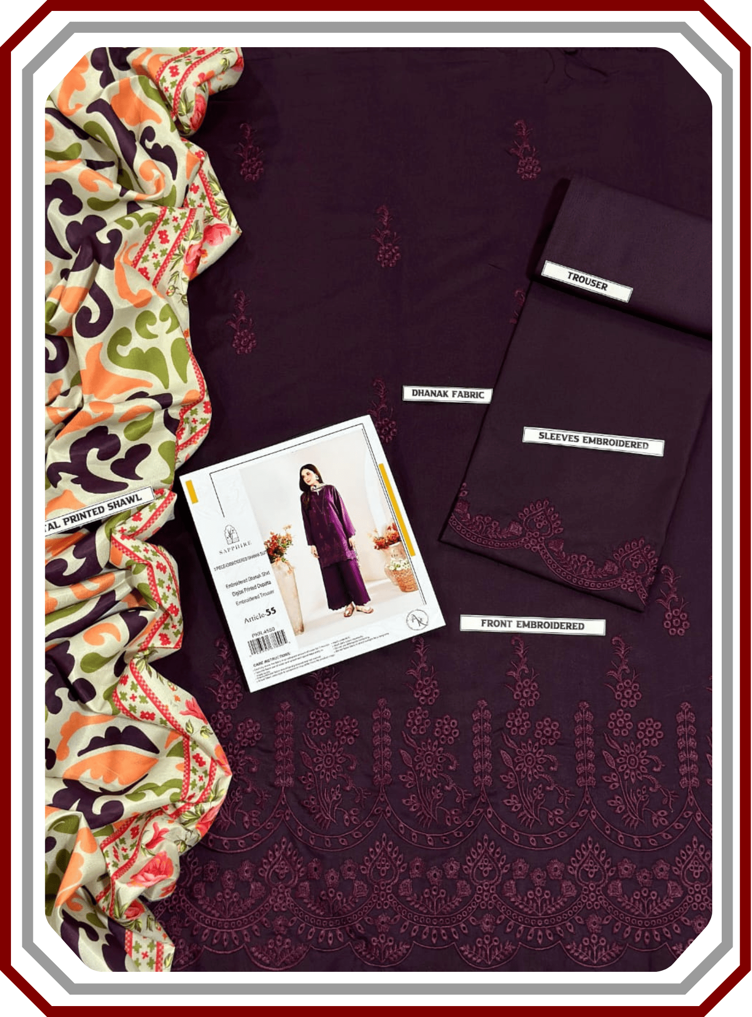 Sapphire Airjet Dhanak 3 Piece Suit - Heavy Chikan Kari Boring Embroidery with Pashmina Shawl (Unstitched) - Pehna Textile