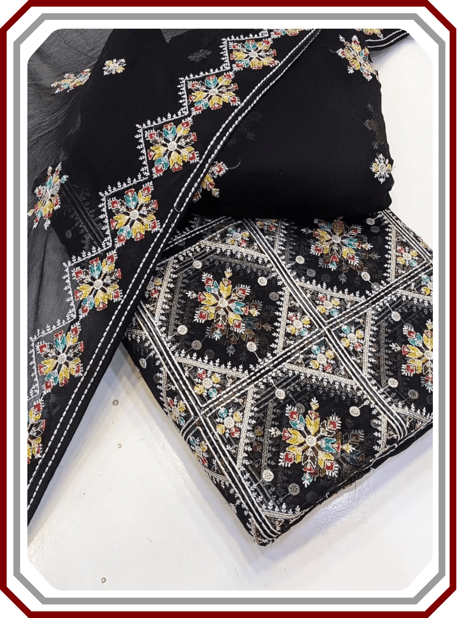 Phulkari Style 3 - Piece Unstitched Suit – Thread - Work Chiffon & Malai - Pehna Textile