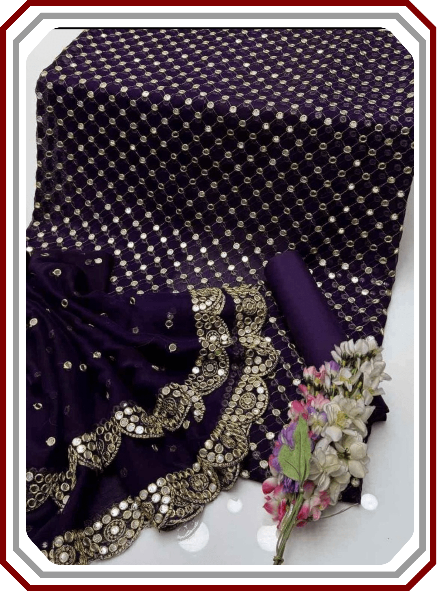 Boutique Style Heavy 9mm Embroidered Chiffon Suit with Cutwork Dupatta (Unstitched) - Pehna Textile