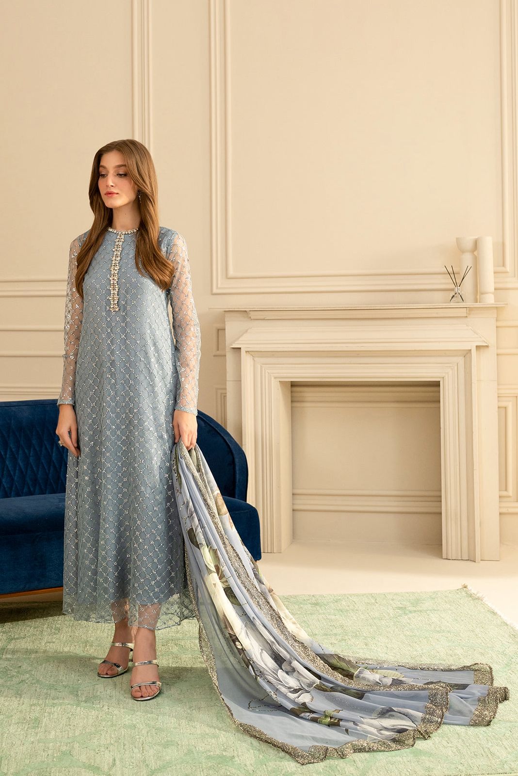 Lulusar Net Sequin Embroidered 3 - Piece Unstitched Suit with Silk Dupatta - Pehna Textile