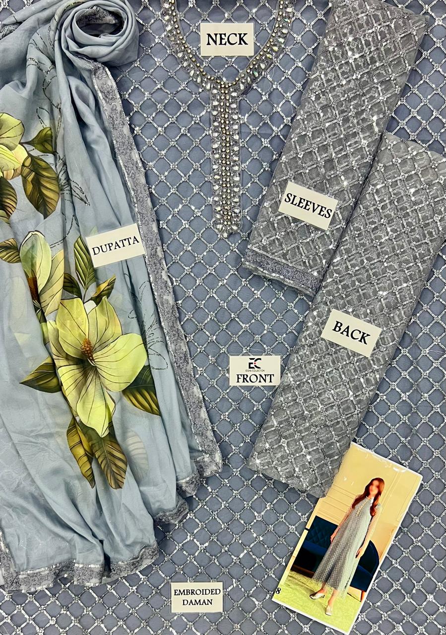 Lulusar Net Sequin Embroidered 3 - Piece Unstitched Suit with Silk Dupatta - Pehna Textile