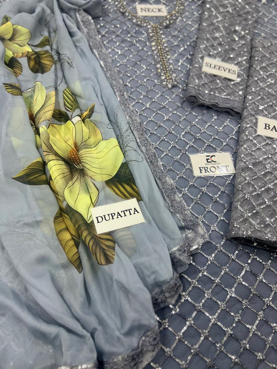 Lulusar Net Sequin Embroidered 3 - Piece Unstitched Suit with Silk Dupatta - Pehna Textile