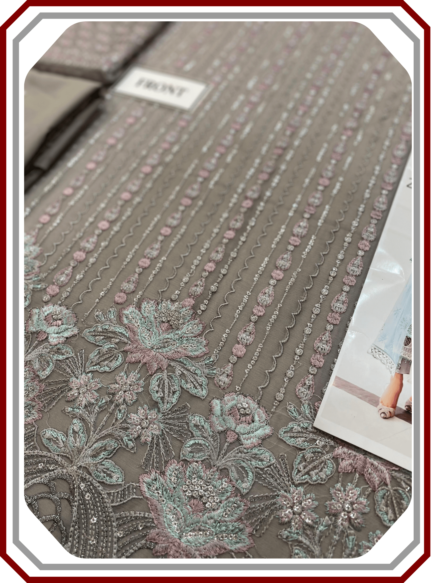 Flossie Embroidered Chiffon & Organza 3‑Piece Unstitched Suit - Pehna Textile