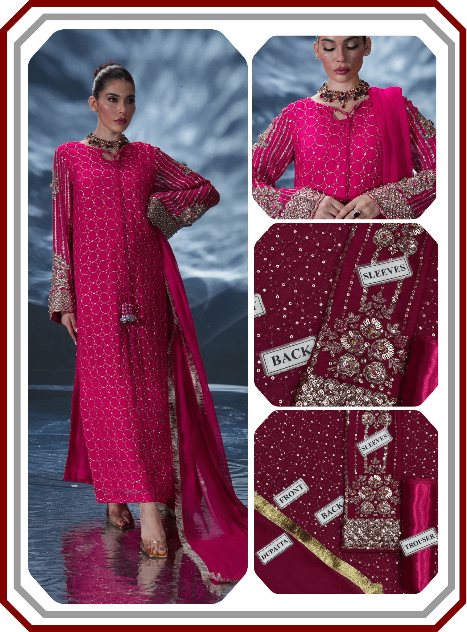 Amave Replica Chiffon 3 - Piece Unstitched Suit with Satin Silk Trouser - Pehna Textile