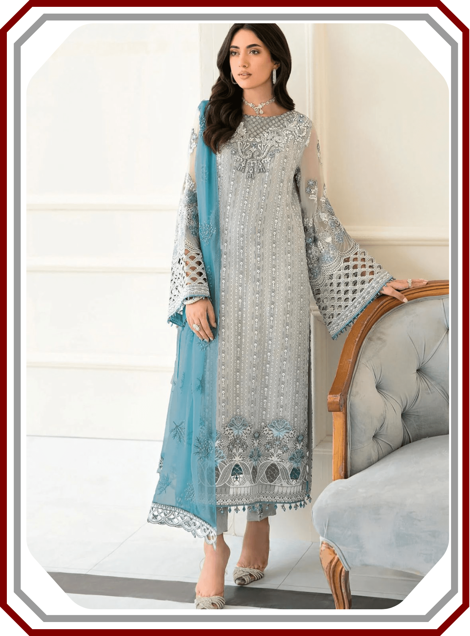 Flossie Embroidered Chiffon & Organza 3‑Piece Unstitched Suit - Pehna Textile