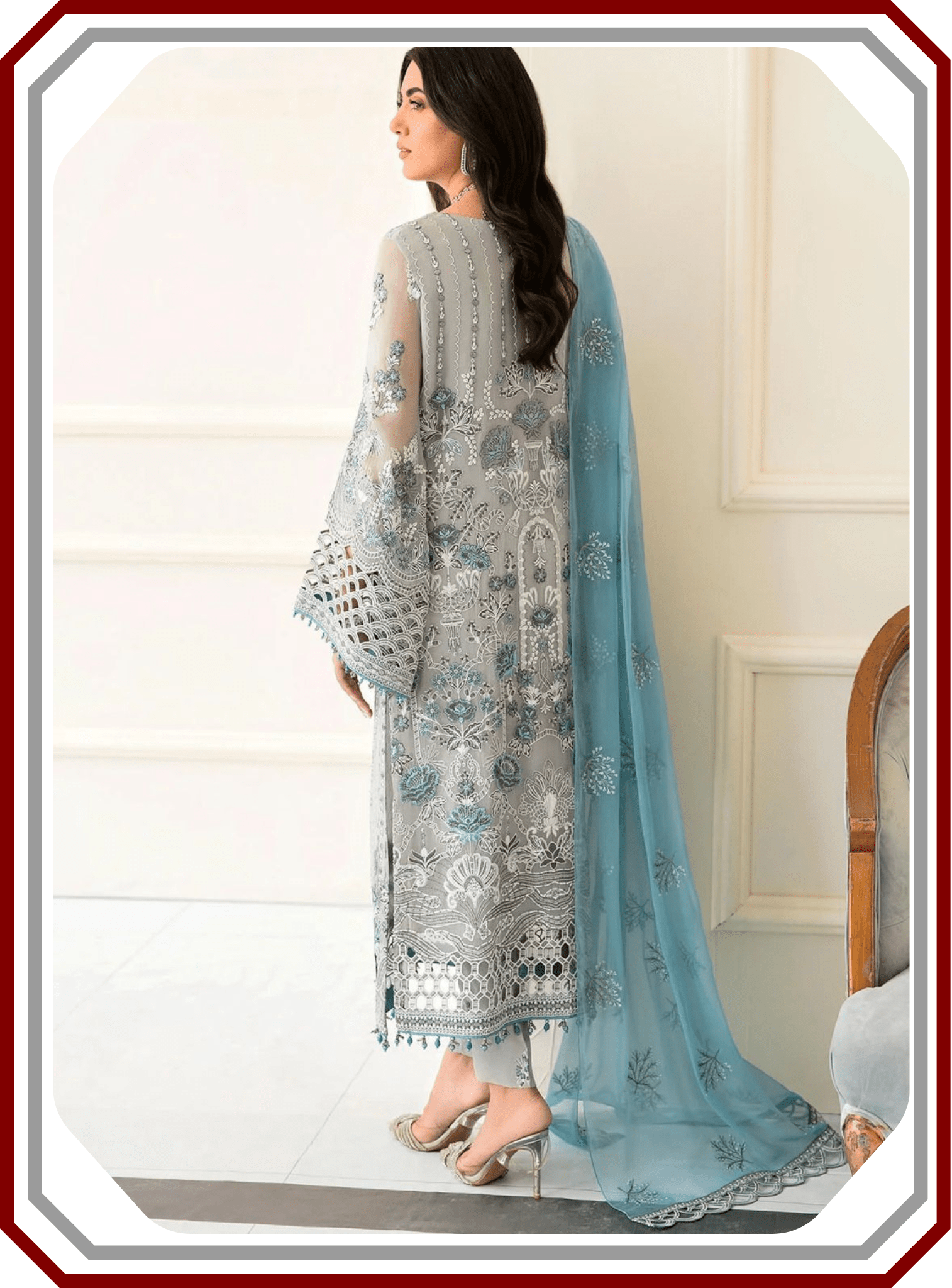 Flossie Embroidered Chiffon & Organza 3‑Piece Unstitched Suit - Pehna Textile
