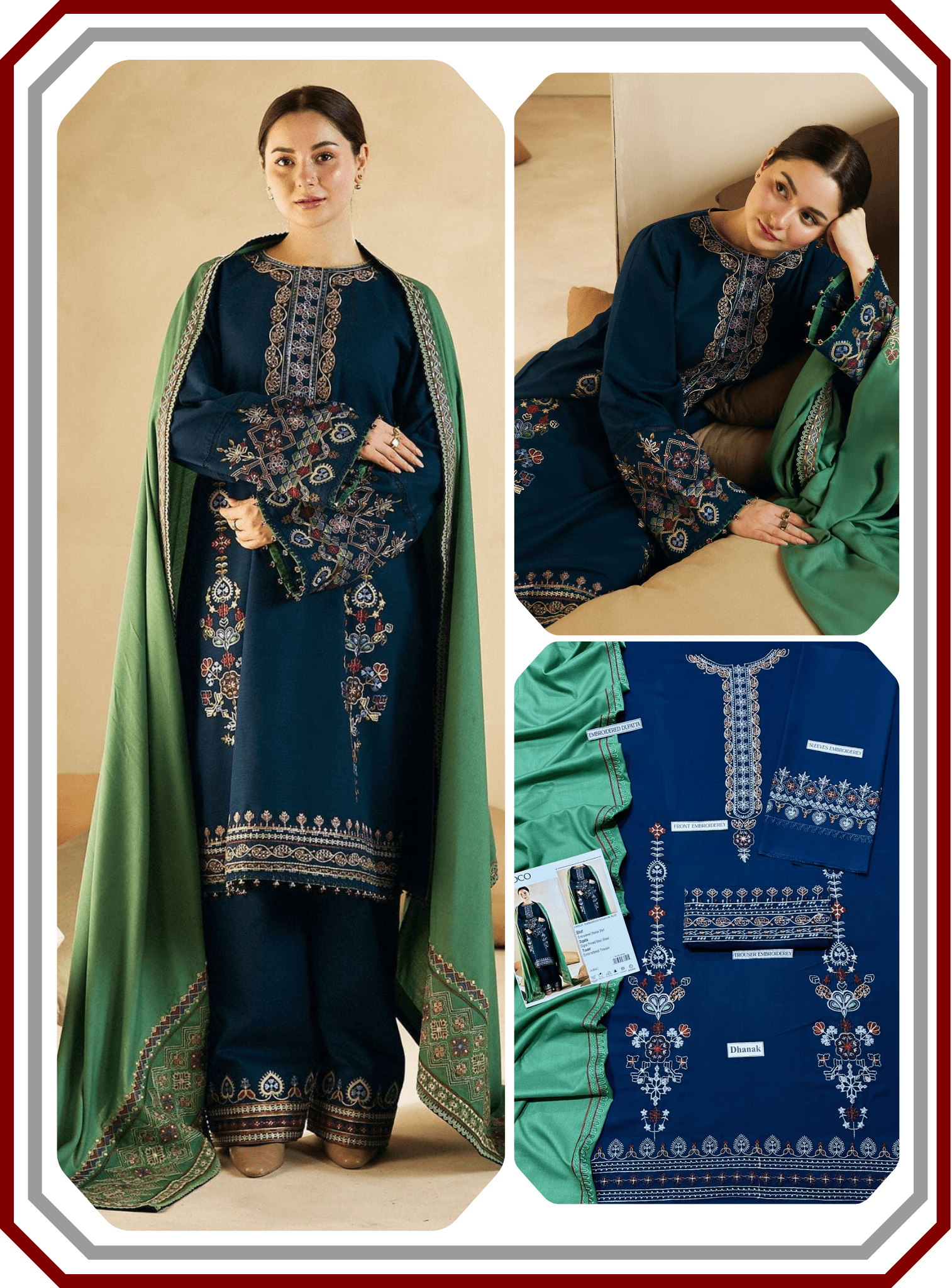 COCO Airjet Dhanak 3 - Piece Suit - Heavy Embroidered Front & Shawl - Pehna Textile