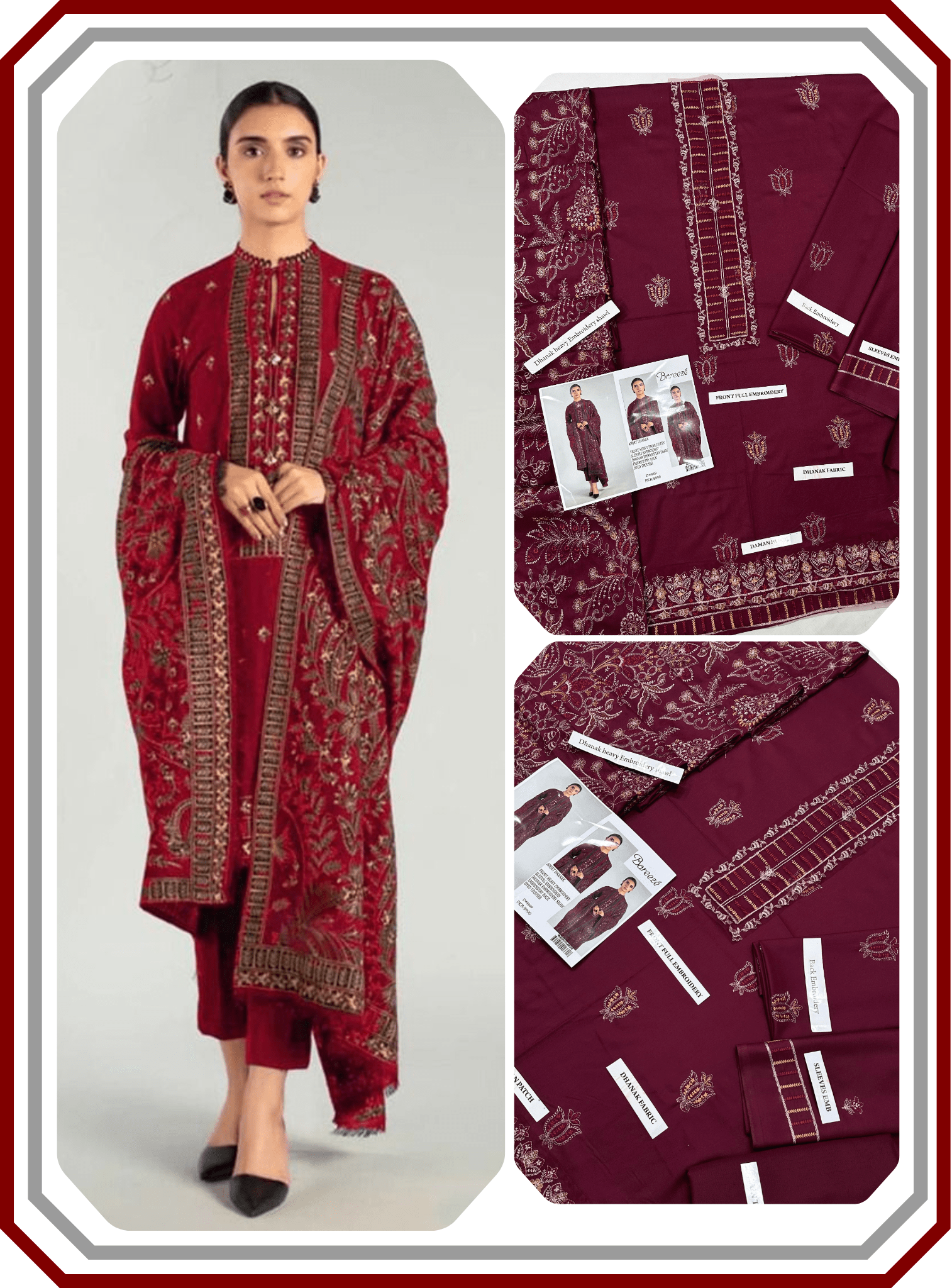 Bareeze Premium Dhanak – Full Heavy Embroidered Shawl 3PC Unstitched Suit - Pehna Textile