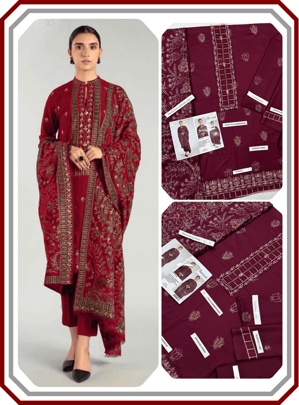 Bareeze Premium Dhanak – Full Heavy Embroidered Shawl 3PC Unstitched Suit - Pehna Textile