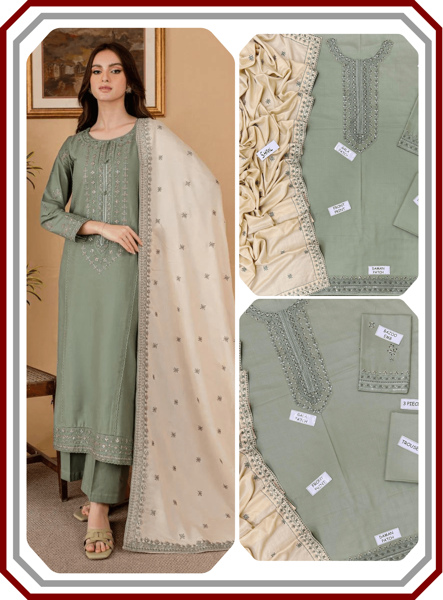 Batik Dhanak Suit - Heavy Emb Neck & RTW Shawl (Unstitched) - Pehna Textile