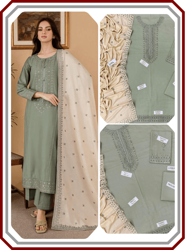 Batik Dhanak Suit - Heavy Emb Neck & RTW Shawl (Unstitched) - Pehna Textile