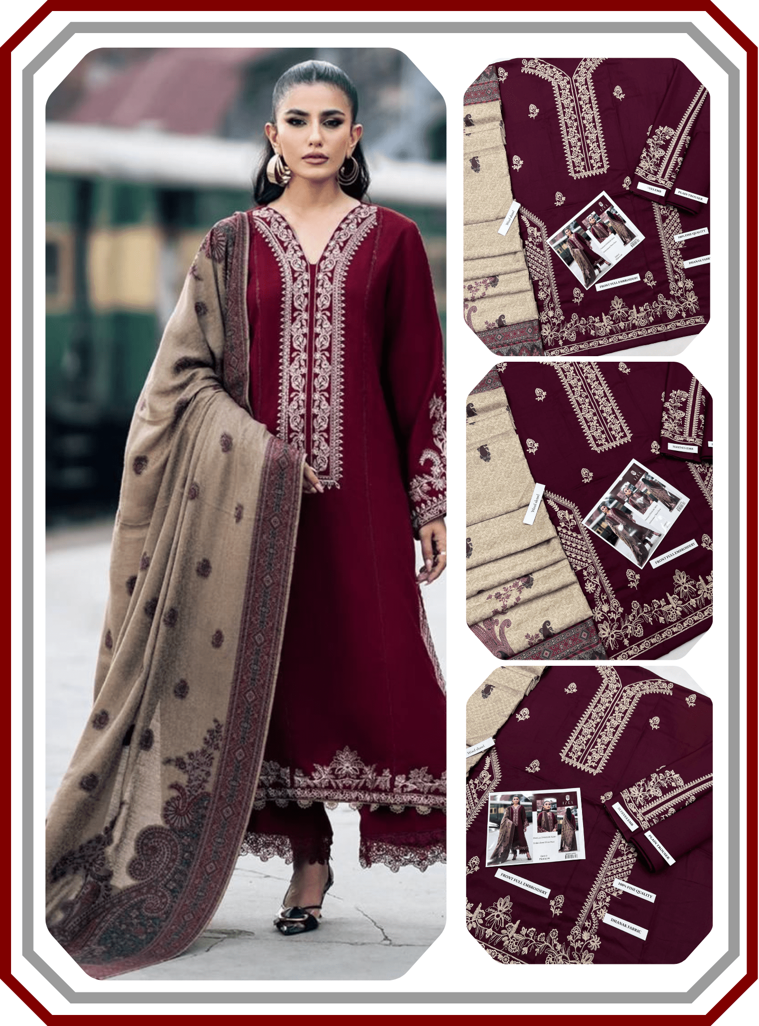 IZEL Premium Dhanak Embroidered Suit with Digital Wool Shawl - Winter Collection 2025 - Pehna Textile