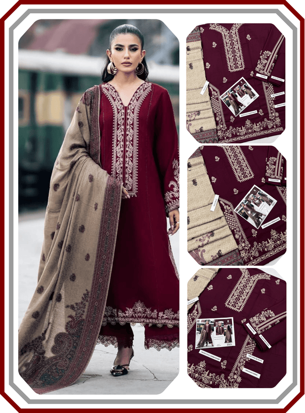 IZEL Premium Dhanak Embroidered Suit with Digital Wool Shawl - Winter Collection 2025 - Pehna Textile