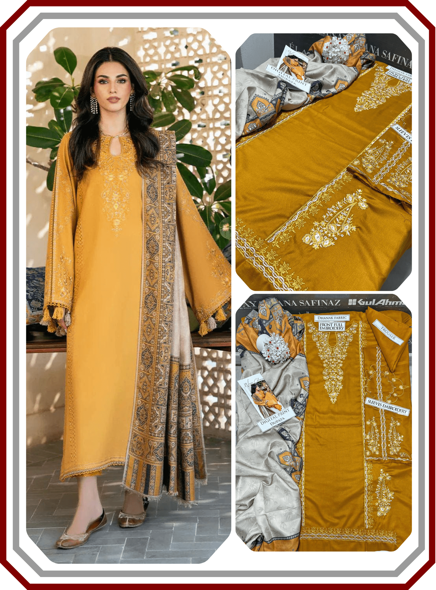 Izel Dhanak 3PC Unstitched Winter Collection 2025 – Full Embroidered Suit D574 Replica - Pehna Textile