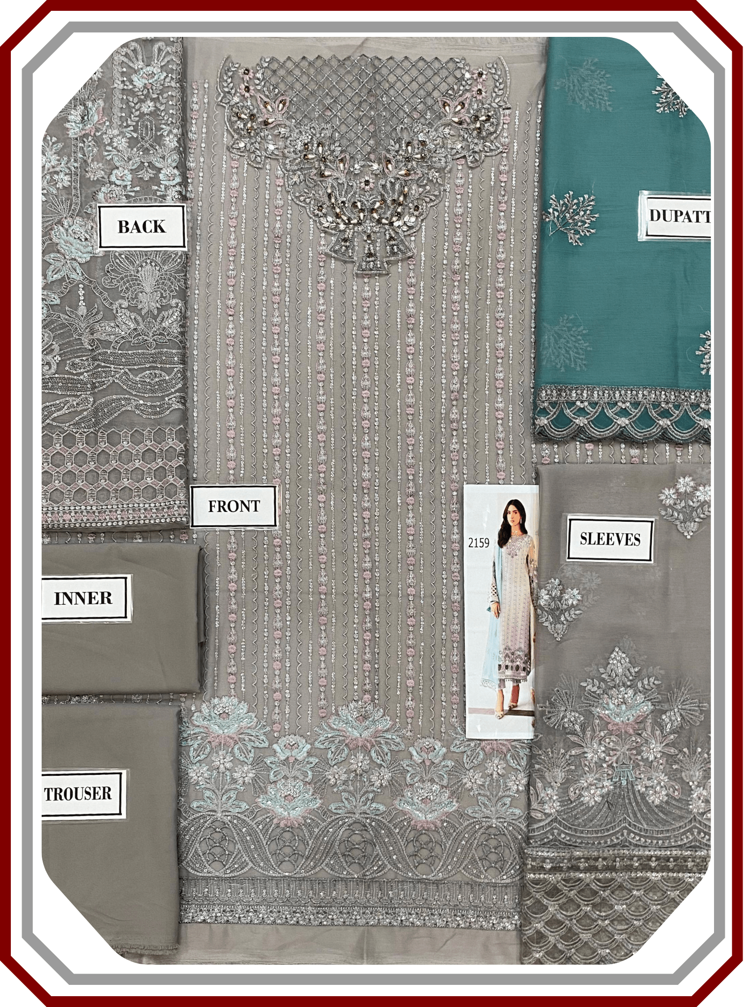 Flossie Embroidered Chiffon & Organza 3‑Piece Unstitched Suit - Pehna Textile