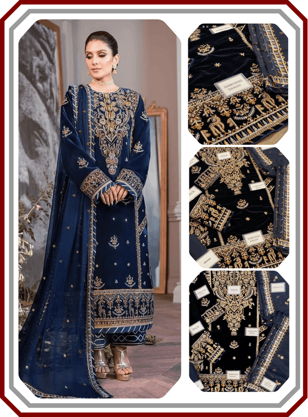 Asim Jofa Ayeza Makhmal Collection - Micro 9000 Velvet Suit with Cutwork Net Dupatta (Unstitched) - Pehna Textile