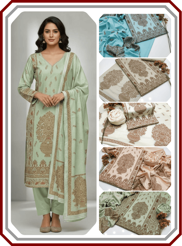 Elegant Mother's Edition - Jacquard Dhanak Wool 3 - Piece Suit with Warm Shawl - Pehna Textile