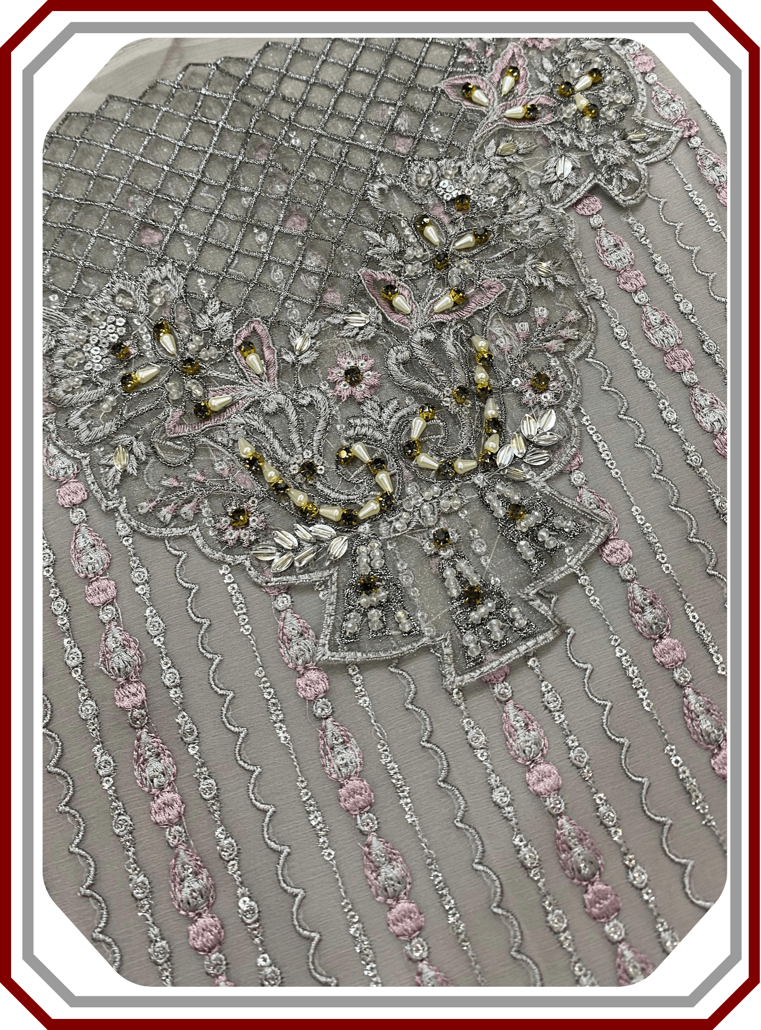 Flossie Embroidered Chiffon & Organza 3‑Piece Unstitched Suit - Pehna Textile