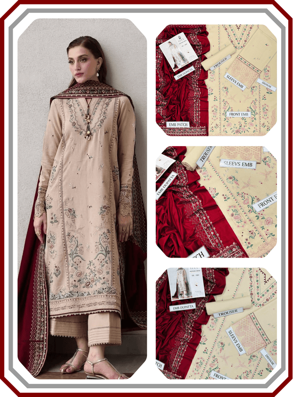 IZEL Luxury Airjet Dhanak Suit - Heavy Embroidered Shawl (Unstitched) - Pehna Textile