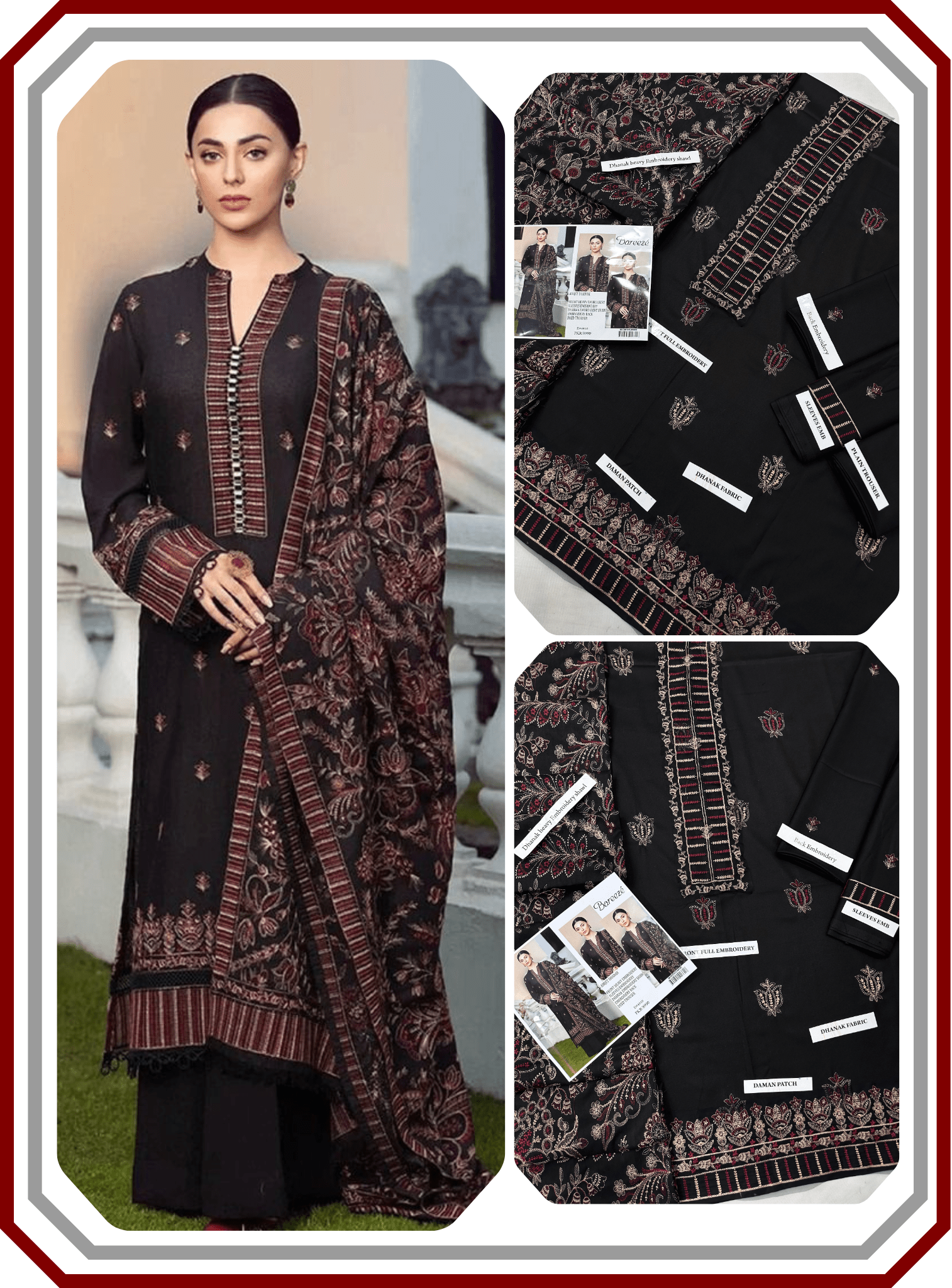Bareeze Premium Dhanak – Full Heavy Embroidered Shawl 3PC Unstitched Suit - Pehna Textile