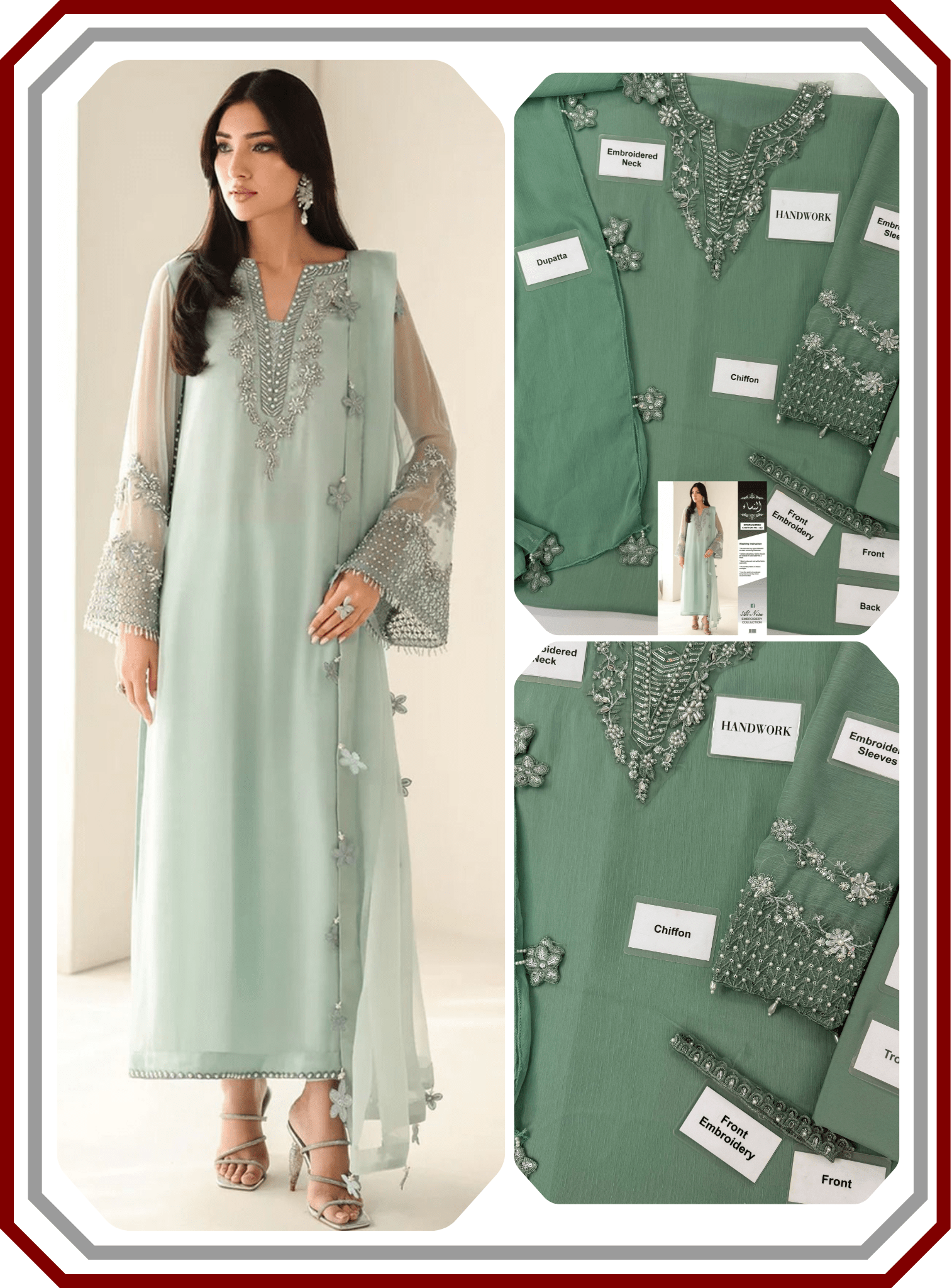 Baroque Replica Chiffon Unstitched 3 - Piece Suit with Handwork Details - Pehna Textile