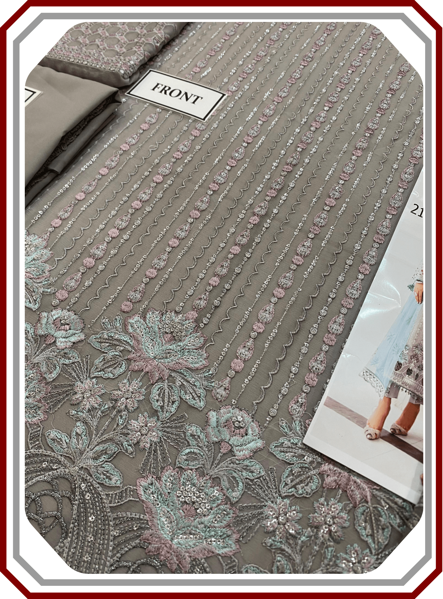 Flossie Embroidered Chiffon & Organza 3‑Piece Unstitched Suit - Pehna Textile