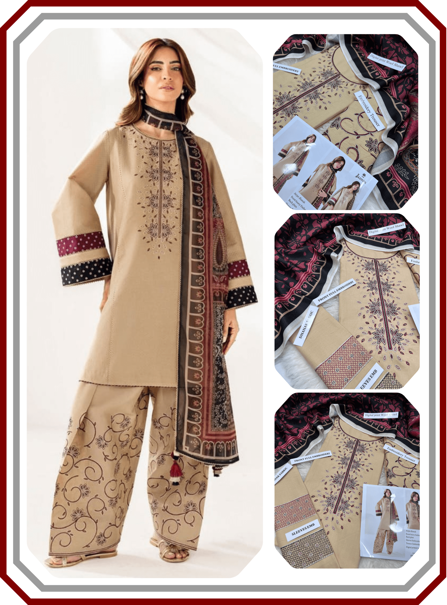 Jazmine Premium Dhanak Suit with Digital Wool Shawl & Embroidered Trouser (Unstiched) - Pehna Textile