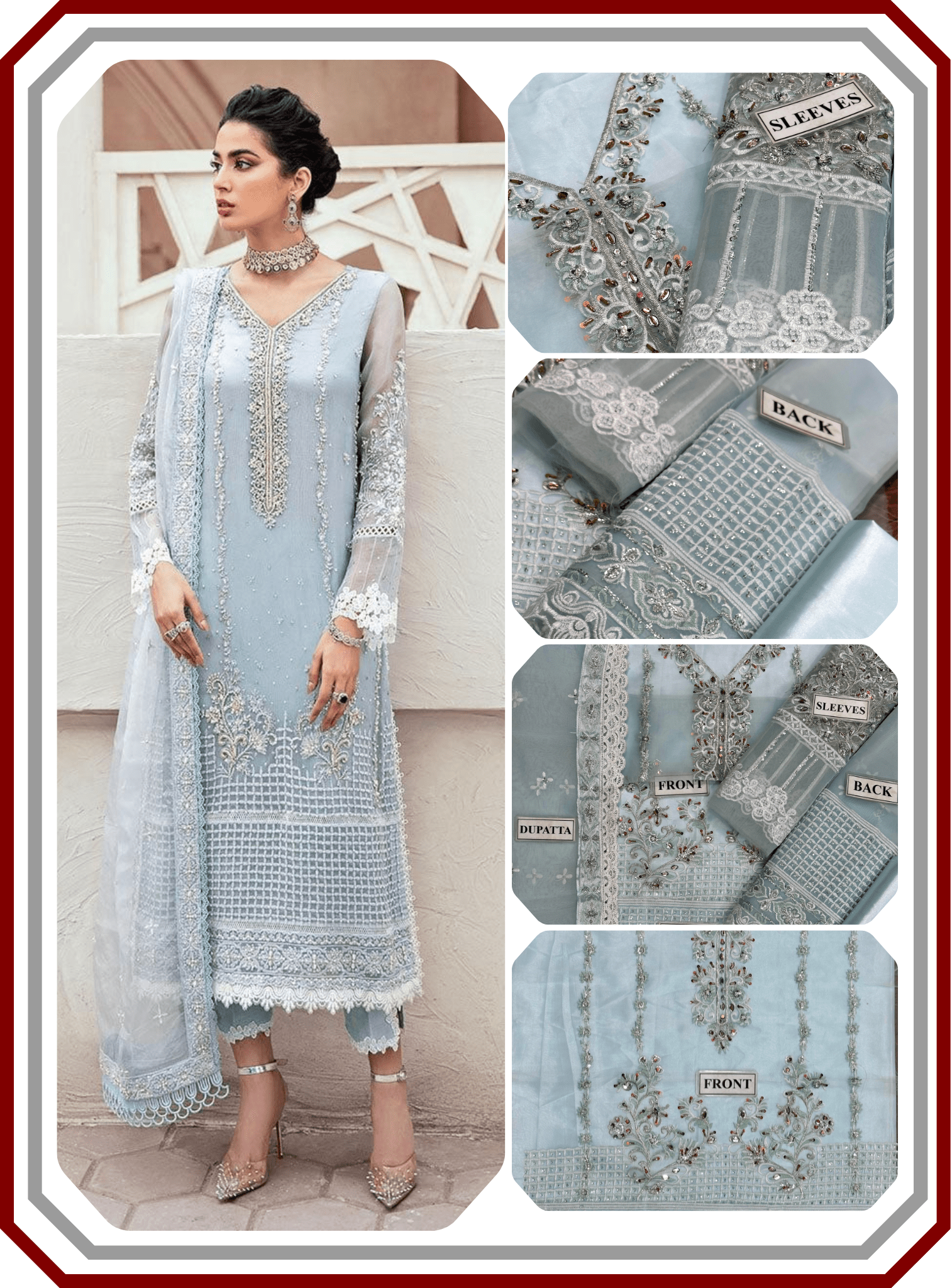 Mushq Replica Hand - Crafted Organza Ensemble - Adda & Sequence Work with Satin Silk (Unstitched) - Pehna Textile