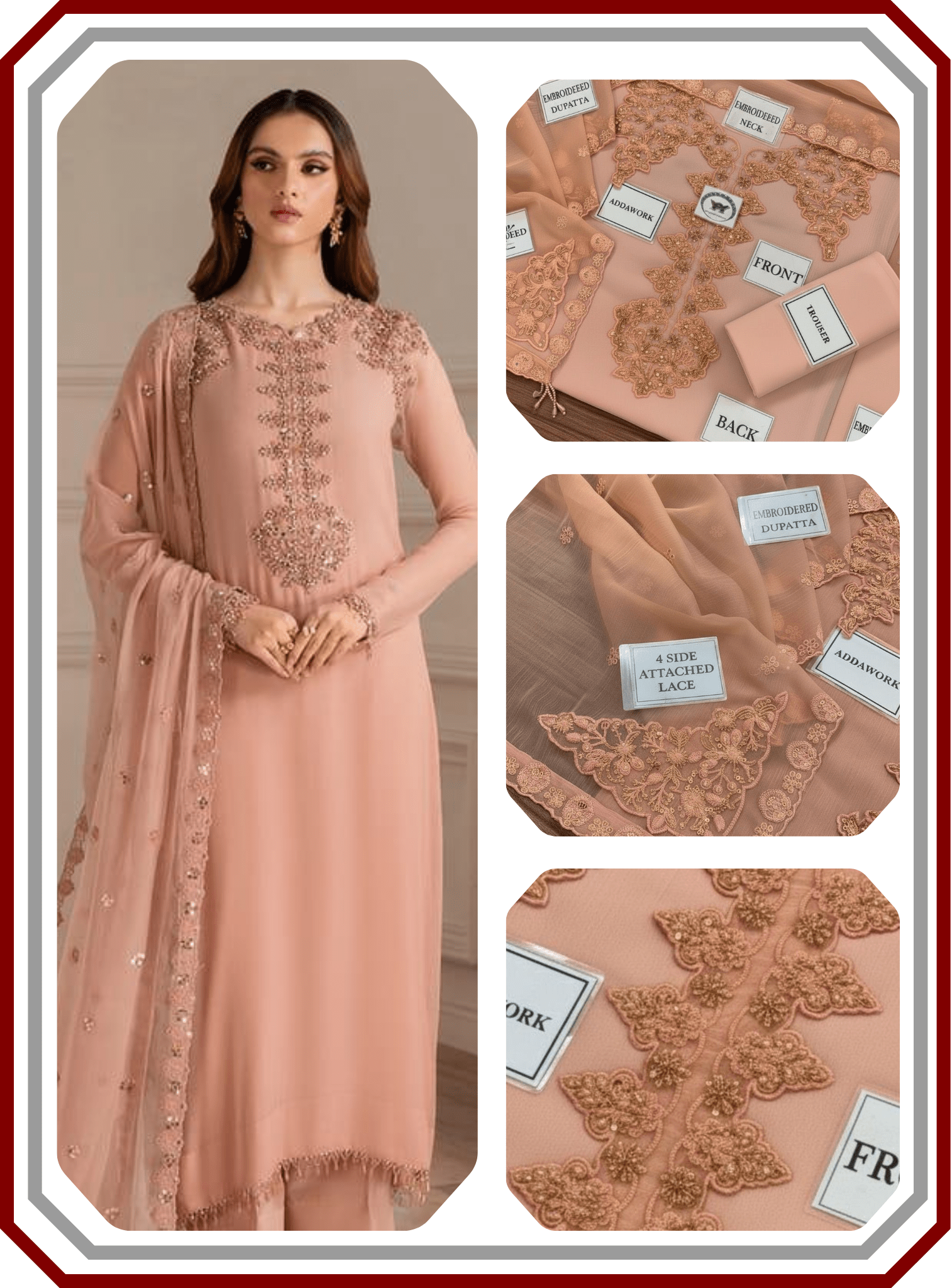 Iznik Luxury Chiffon Suit - Heavy Adda Work Neck & Pallu (Unstitched) - Pehna Textile