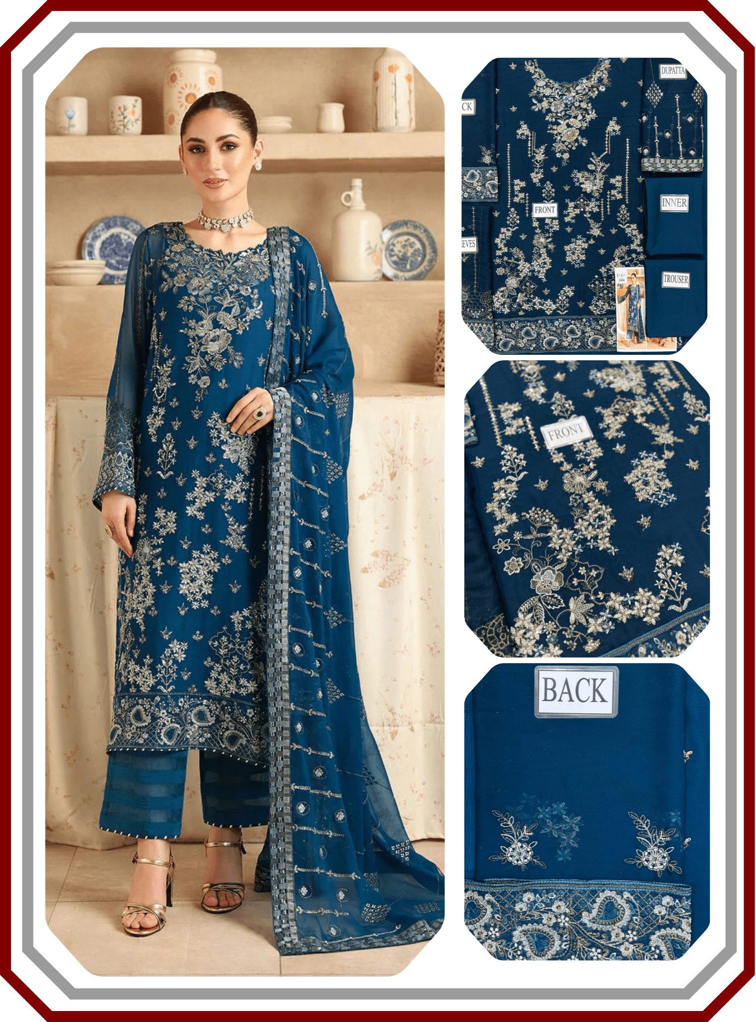 Ramsha Luxury Embroidered Chiffon Suit with Inner - Design 2494 (Unstitched) - Pehna Textile