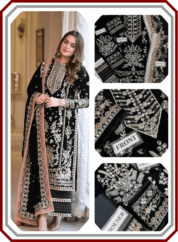 Aneelas Micro 9000 Velvet Suit - Handwork & Chiffon Dupatta - Pehna Textile