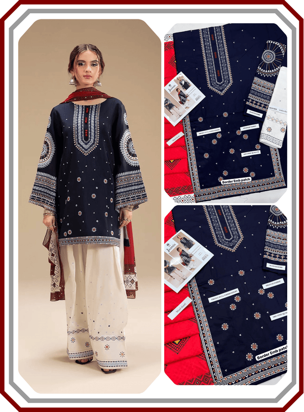 Jazmine Most Demanding Edition - 3 Piece Embroidered Dhanak Suit with Digital Printed Dupatta (Unstitched) - Pehna Textile