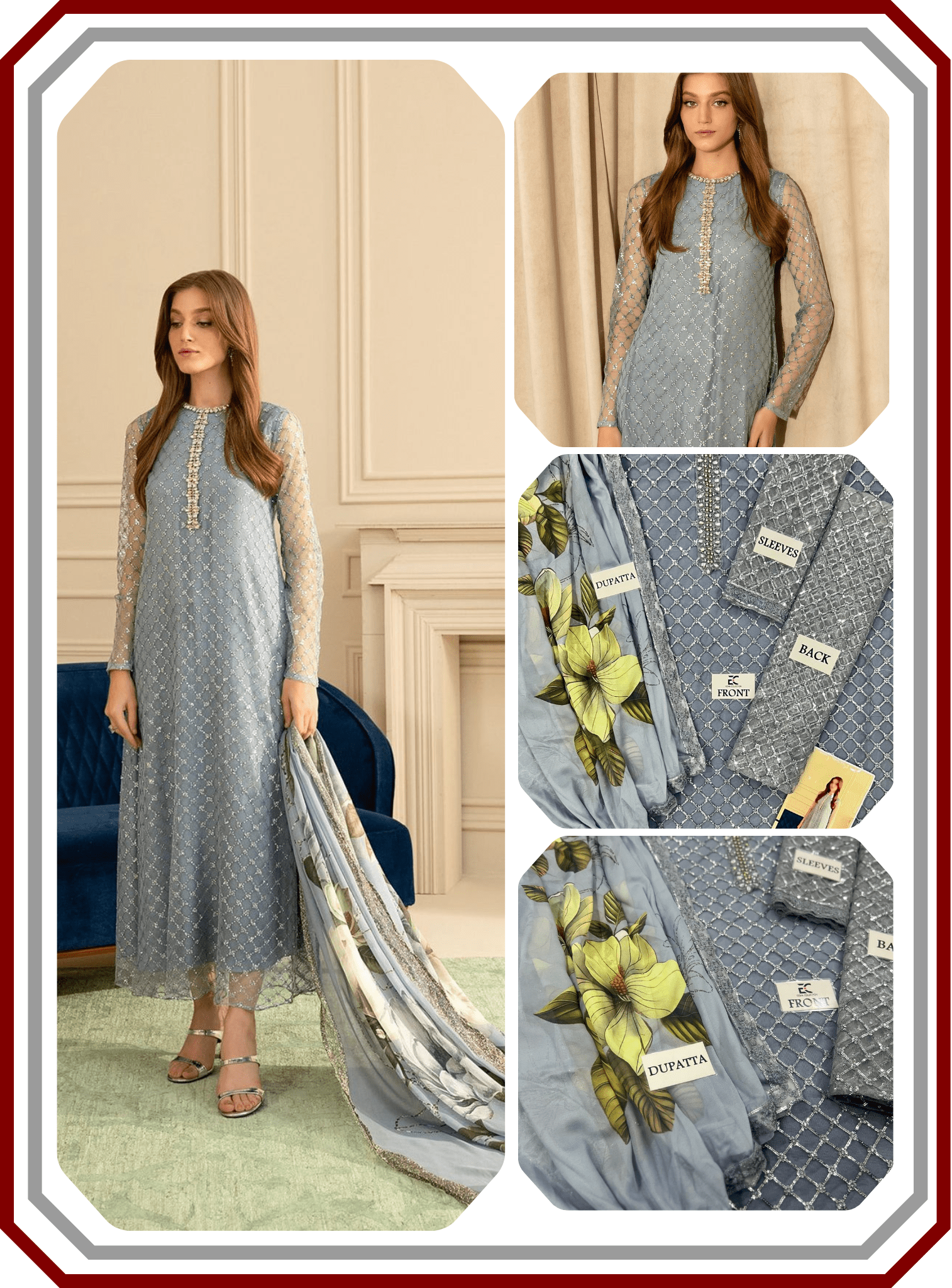 Lulusar Net Sequin Embroidered 3 - Piece Unstitched Suit with Silk Dupatta - Pehna Textile